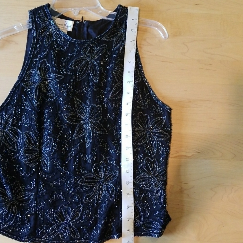 LAWRENCE KAZAR Vintage 100% Silk Black Beaded Sleeveless Top Large. - Picture 7 of 9